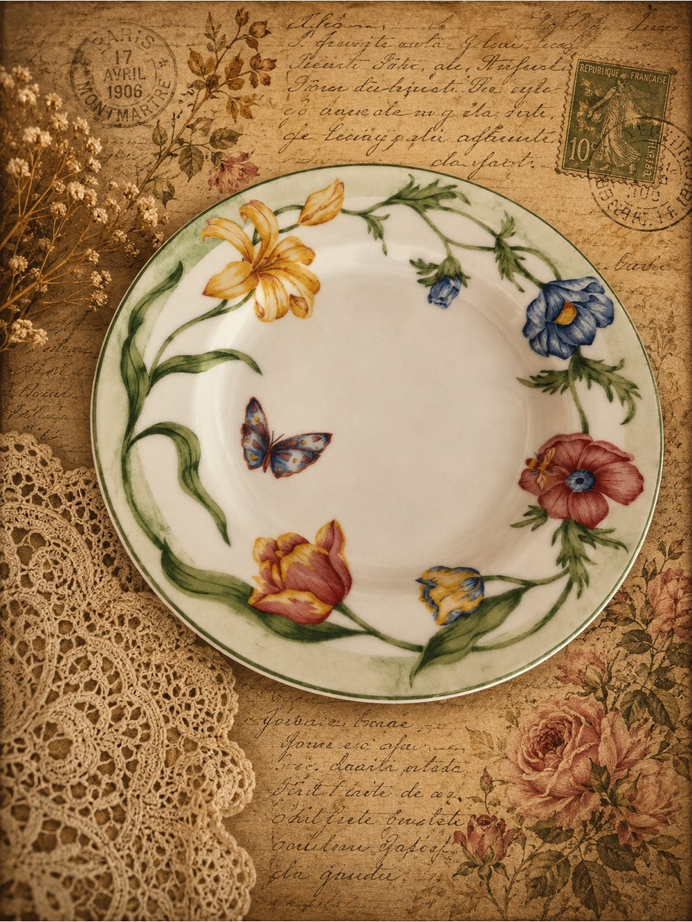 Set of 2 Coventry Secret Garden Fine Porcelain Dinner Plates Floral Butterfly - Picture 2 of 3